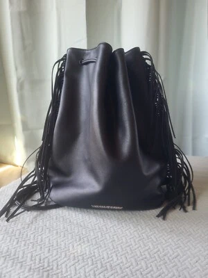 Victoria's Secret Fringe Backpack Black Faux Leather Drawstring Purse Bag - Image 1 of 4