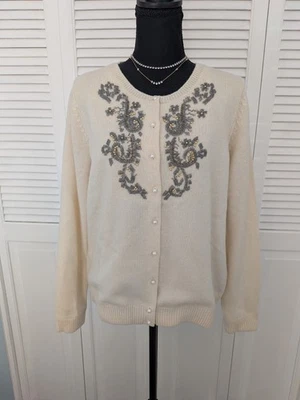 Cárdigan Eddie Bauer De Colección Suéter Para Mujer XL Lana Seda Forrado Crema Perlas Cuentas  Foto 1 de 4