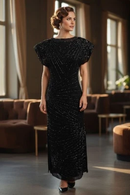 Maxi Vestido Vintage Seda Con Cuentas Lentejuelas Talla 6 Negro Gorra Espalda Abierta Diseñador Vacaciones  Foto 1 de 4