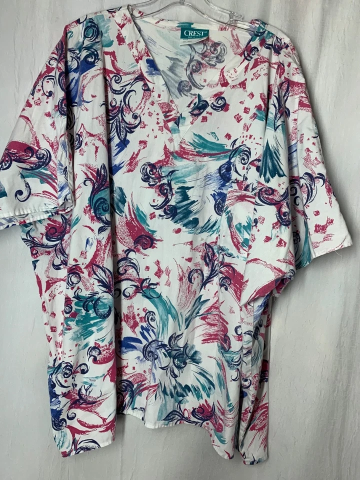 Crest 4x Scrub Top Uniform Medical Short Sleeve Pull Over Splatter Print - Image 1 of 4