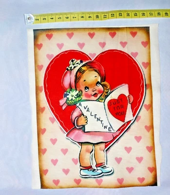 Stoff   Patchwork  Panel    - 15x21 cm Mädchen mit  Herz Buch  / 50er Jahre - Bild 1 von 2