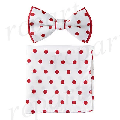 New Men's Pre-tied Bowtie And Hankie Set Two Tone Formal Red White Polka Dot - Image 1 of 4