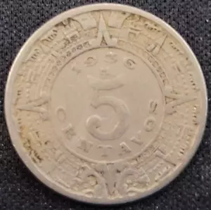 1936 M México 5 centavos cobre-níquel, armas nacionales, águila, piedra solar azteca - Imagen 1 de 2