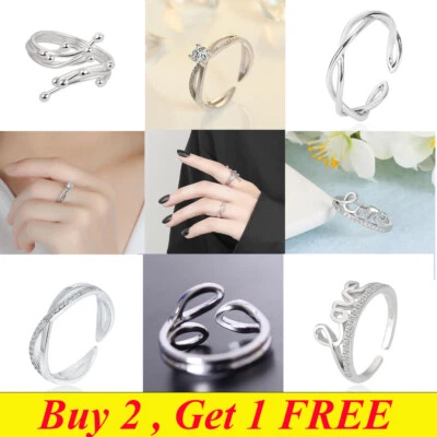 925 Sterling Silver plated Adjustable Finger Rings Thumb Open Band Feather  UK - Image 1 of 4