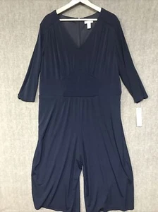 London Times Romper Womens 20W Blue One Piece Jumpsuit Navy Plus Size 3/4 Sleeve - Picture 1 of 19