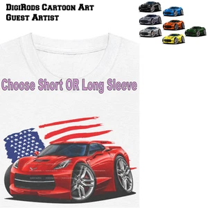 DigiRods Chevy Corvette C7 Model American Flag Cartoon Car T Shirt S-5X - Picture 1 of 8