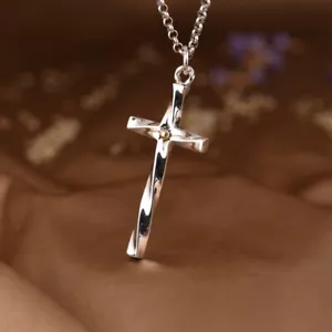 925 Sterling Silver Minimalist Twisted Cross Necklace Pendant Christian Charm - Picture 1 of 9