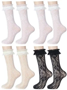 4 Pairs Little Girl Knee High Socks Kids Lace Long Socks with Ruffle Stocking... - Picture 1 of 7