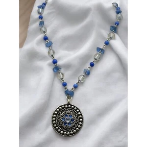 Blue Beaded Necklace with Ornate Silver Tone Flower Pendant Medallion - Picture 1 of 7