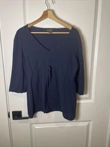 Haut Eddie Bauer femme L bleu marine léger cordon col V manches 3/4 coton - Photo 1/4