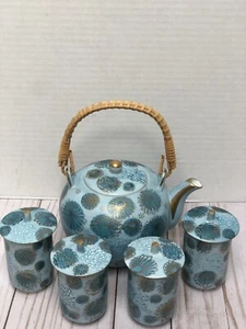 Blue Chrysanthemum Fujita Kutani Tea Set ~ Porcelain Teapot + 4 Lidded Cups MINT - Picture 1 of 20