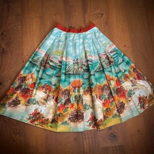 Vintage 1950s Romantic Gardens Novelty Print Skirt Sea Ships A Regulated Cotton - Picture 1 of 4