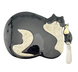 Tuxedo Cat-Shaped Ceramic Cheese Tray w/Matching Spreader By Warren Kimble 2002 - Picture 1 of 12