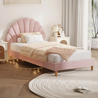 Oikiture Bed Frame Single Size Scallop-Shape Bedhead Pink Velvet - image 1 of 4