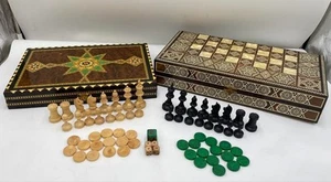 Vintage Wooden Inlaid Marquetry Chessboard Backgammon Board Game Set of 2 - Picture 1 of 13