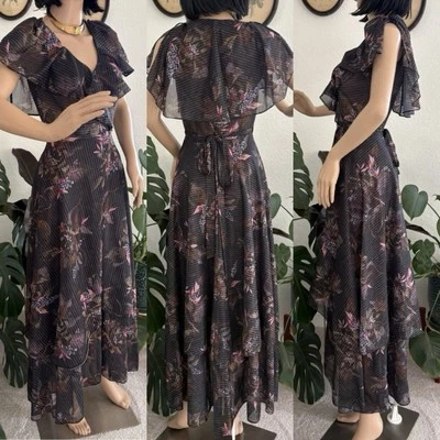 Vintage 80s Shimmer Black Floral Layered Wrap Maxi Boho Stevie Nicks Dress XS - Image 1 of 4