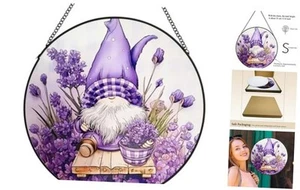 Purple Garden Gnome Elf Stained Glass Window Hanging, 9.8’’ Lavender Colored - Picture 1 of 8