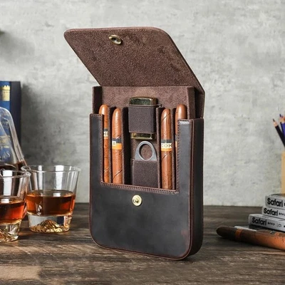 Lighter Storage Pouch Box Genuine Leather Cigar Case Humidor Travel Cigar Cutter - Image 1 of 4