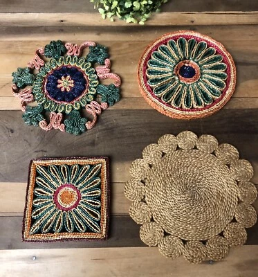 Vintage Rattan Trivet Hot Pad LOT/4 Woven Straw Raffia Boho Wicker MCM Decor - Image 1 of 4