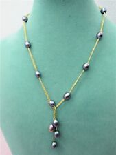 UNUSUAL 925 STERLING*GOLD THREADED CHAIN BLACK*SILVER PEARL Y-DROP NECKLACE