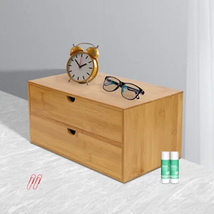 Bamboo Desk Organizer -Tabletop Mini Bamboo Desk Drawer Storage Box w/ 2 Drawers - Picture 1 of 7