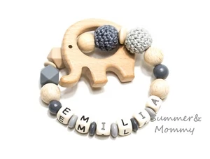 Greifling mit Namen Elefant ❤  Greifring Babyrassel Natur Silikonperlen Beißring - Bild 1 von 1