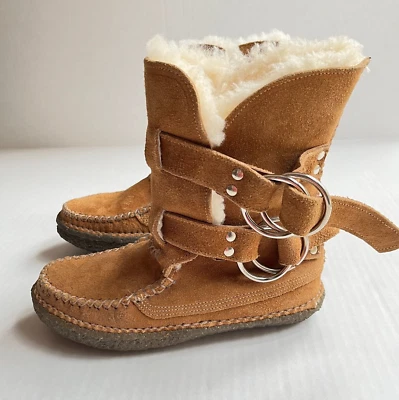 Botas Quoddy anel duplo alça dupla Shearling 6.5 Toffee camurça couro pele de carneiro - Imagem 1 de 4