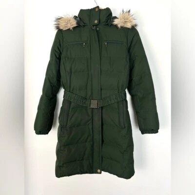 Lands End Down Coat Womens Small Evergreen Forest Belted Fur Hood Insulated - Image 1 of 4