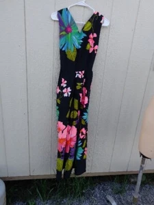 NOS Vtg 60s Hawaiian Alice Polynesian Floral 1 Piece Jumper Black Pink Purple - Picture 1 of 13