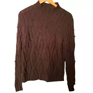 Vintage David Brooks Brown Sweater Turtleneck Cable Knit Dots Petite L Large - Picture 1 of 6