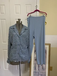 QVC Two Piece Metallic Long Sleeve Blouse w/ Solid Blue Stretchy Pants Size 1X - Picture 1 of 24