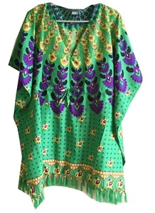 African Print Green Kaftan Dress – V-Neck Short Tassel Beachwear Polyester 31" - Picture 1 of 3