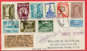 Peru 10 Diff Briefmarke auf Brief verschickt von HÖCHSTEM POSTAMT nach USA 1950 - Bild 1 von 3