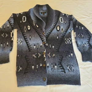 Frye Women’s Cardigan Medium Indigo Blue Aztec Knit Button Sweater Western - Picture 1 of 7