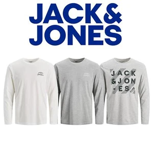 Jack & Jones Mens Long Sleeve Cotton Crew Neck T-Shirt White & Grey S-XL - Picture 1 of 4