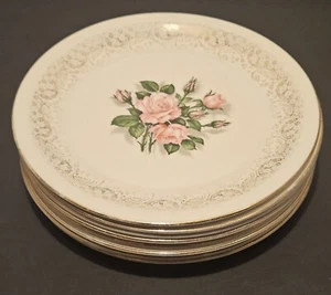 22 Kt Gold Trim 8 Tudor Rose Georgian China Plates, One With Small Chip - Picture 1 of 4