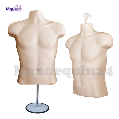 One Male Mannequin Torso FLESH HOLLOW BACK DRESS FORM w/ Stand & Hanger - Image 1 of 4