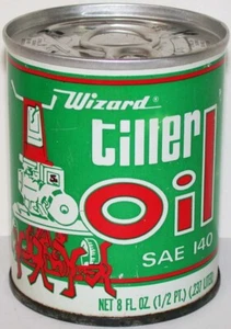 Lata de aceite de motor vintage WIZARD Tiller Oil SAE 140 cultivador en la foto redondo 8 oz metal - Imagen 1 de 3