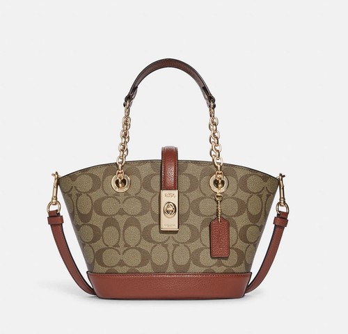 ☂️?Borsa a secchiello Coach Lane in tela firmata oro cachi multi nuova con etichette????