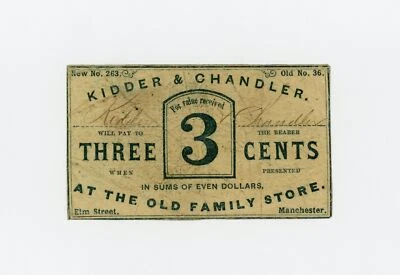 1800's 3c Kidder & Chandler - Manchester, NEW HAMPSHIRE Merchant Scrip - Image 1 of 2