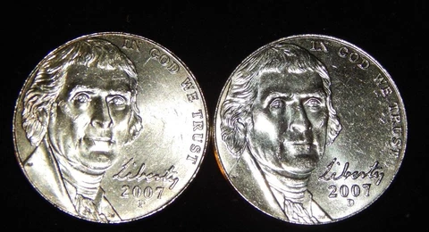 2007 P & 2007 D Bu Jefferson Nickel from OBW Roll Flat Rate Shipping Cover