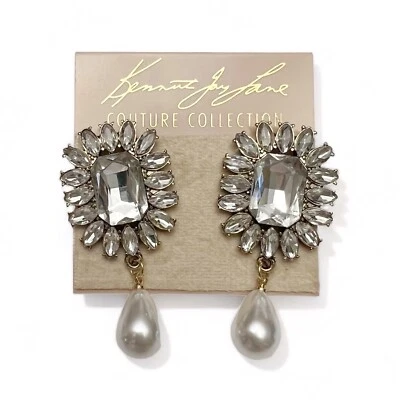 Brincos pendurados Kenneth Jay Lane KJL cristal transparente lágrima falsa gota de pérola NOVO - Imagem 1 de 4