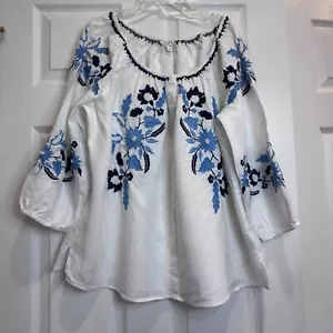 Charter Club Heavy White Linen Embroidered Peasant Top On/Off Shoulder Bust Sz L - Picture 1 of 21