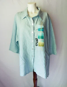 Odile Art To Wear Linen Button Front Tunic Lagenlook Hand Painted Light Blue XL - Picture 1 of 6