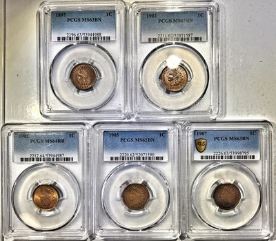 Indian Head Cent 5-Coin Set - PCGS Certified - All are Mint State - 1897 to 1907 - Image 1 of 4