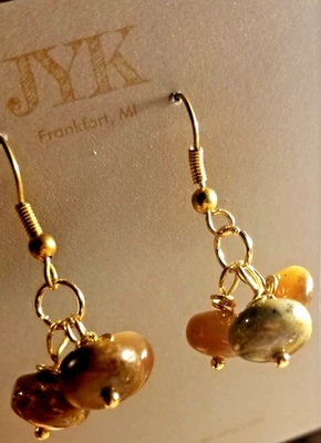 Висячие серьги капли единственный в своем роде, сделано художниками, агат камень, золотистый провод - Изображение 1 из 4