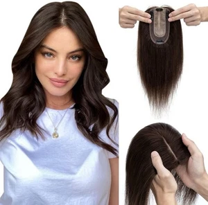 Womens Topper REAL Human Hair 16” No Bangs Clip in REMY Hairpiece Dark Brown - Picture 1 of 1
