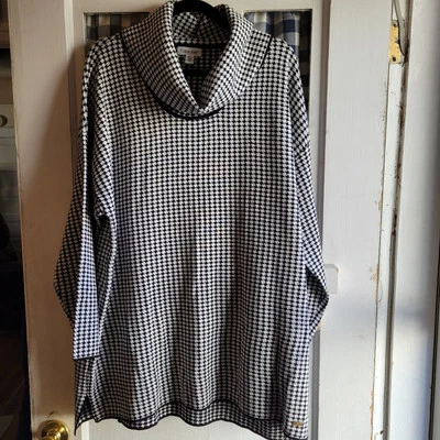 全新带标签 Calvin Klein 女式千鸟格圆领黑色白色毛衣 XL 码 — 第 1/4 张图片