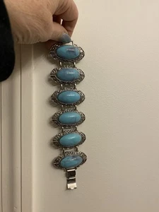 Vtg Karu Arke Faux Turquoise Lg. Cabachon Bracelet- Signed, Silver tone - Picture 1 of 16