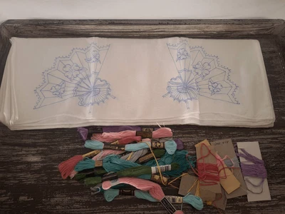 Cross Stitch Stamped Scalloped Pillowcases Oriental Fans NEW Set of 2 w/ floss - Image 1 of 3